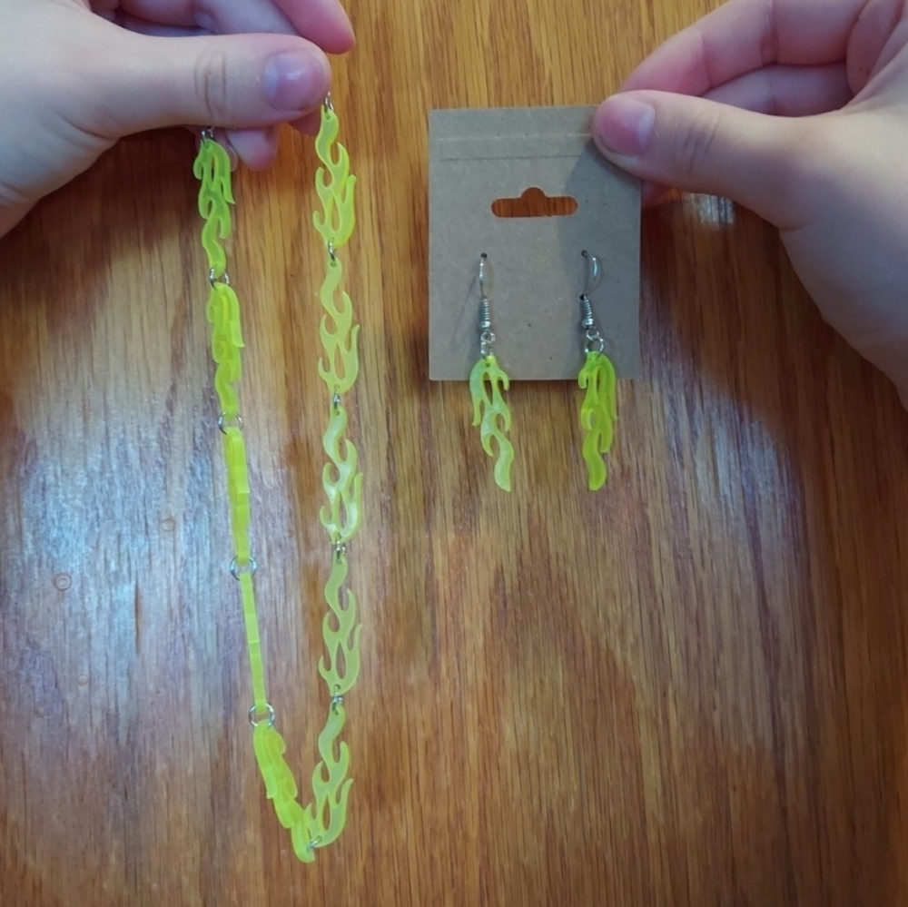 Neon flames necklace and earrings set